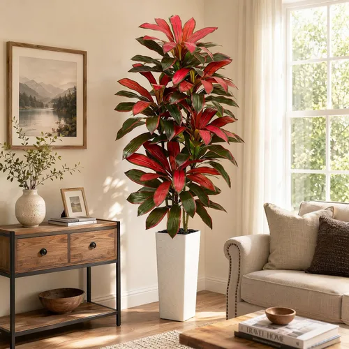 Vista 23 de Árbol de Dracaena artificial rojo de 6 pies, plantas falsas altas Hoja blanco-roja