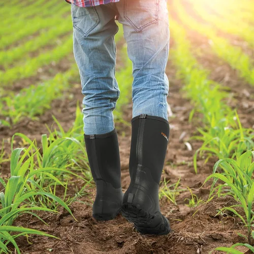 Vista 6 de HISEA Botas de lluvia para hombre, botas de goma de neopreno, botas de barro aisladas, botas de jardín de altura media