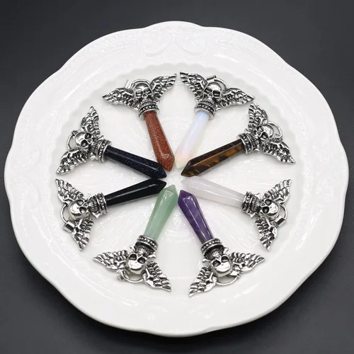 Vista 7 de LHJ 7 colgantes de piedra natural hexagonales puntiagudos chakras cristal ágata piedra cráneo ala diablo aleación diseño para hacer joyas collar