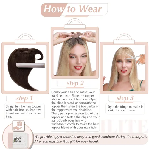 Vista 8 de Elailite Toppers para el cabello para mujeres con cabello ralo, topper de cabello humano real con flequillo, delgado, 5.1"x2.8" base de seda, Marrón