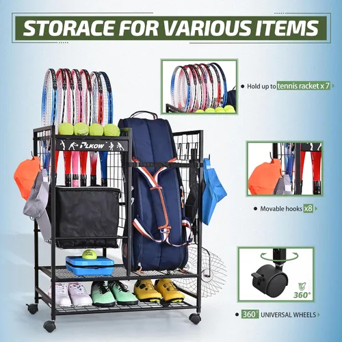Vista 3 de PLKOW Organizador de bolsas de tenis para raquetas de tenis, soporte para equipo de tenis para bolsas, bolas, raquetas y accesorios, organizador