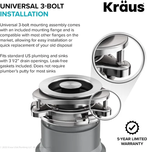 Vista 10 de KRAUS® WasteGuard™ - Triturador de basura de alimentación continua de 1/2 HP con motor ultrasilencioso de alta velocidad, cable de alimentación