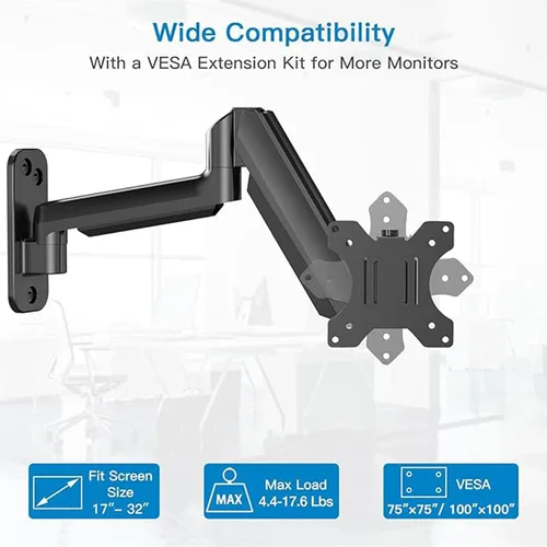 Vista 6 de HUANUO Soporte de pared para monitor individual para pantalla de computadora de 13 a 32 pulgadas, brazo de montaje de pared para monitor