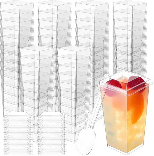 Vista 7 de 600 piezas de mini tazas de parfait de postre con tapas y cucharas, taza cuadrada transparente para aperitivos, cuenco de postre de plástico