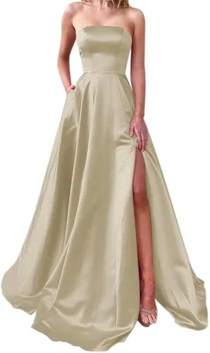 Vista 6 de SiLidressy Vestido de graduación sin tirantes espalda abierta vestido de fiesta con abertura alta vestidos de noche largos para mujer con bolsillos