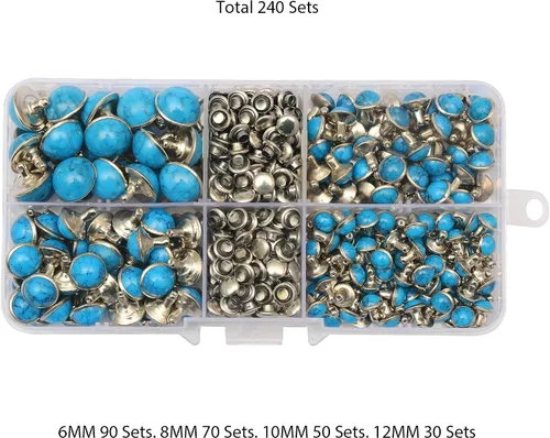 Vista 2 de Mingtao 240 juegos de remaches rápidos, color azul turquesa, cinturón Tandy para hacer artesanía en cuero, botas, chaqueta, bolsa, zapatos, ropa