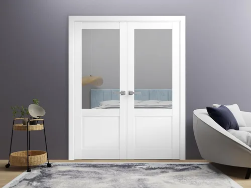 Vista 2 de SARTODOORS Lucia 1533 Puertas francesas interiores de doble oscilación con vidrio, madera maciza, accesorios incluidos, 36x80, blanco, moderno