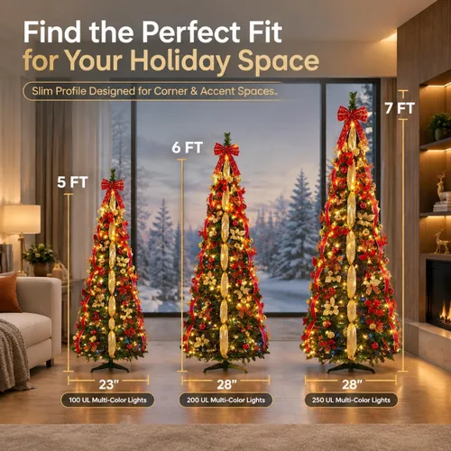 Vista 2 de Árbol de Navidad desplegable de 5 pies con luces LED Árbol artificial plegable preiluminado, decorado con Navidad, plegable para interiores, espacio