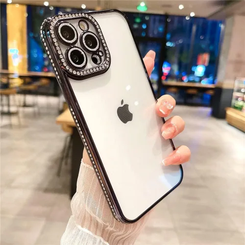 Vista 2 de Funda compatible con iPhone 11 Pro Max con protector de lente de cámara de diamante con purpurina, bonita funda de cristal transparente a prueba