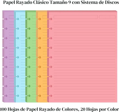 Vista 2 de Insertos preperforados de 5 líneas de color para Happy Planners con 9 discos, papel suelto de tamaño clásico con 100 hojas/200 páginas, 20 hojas por