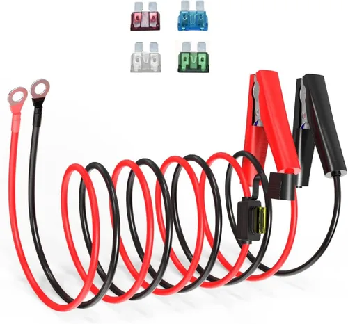 Vista 9 de ELFCULB Clips de Cocodrilo de Batería 10AWG 2FT a Terminal de O Ring Arnés, Cable de Desconexión Rápida con 5 Fusibles para Inversor de Carga
