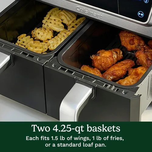 Vista 4 de Cuisinart Freidora de aire de 2 cestas, 2-4.25 QT, total 8.5 QT, 4 funciones: freír al aire, asar, hornear y mantener caliente, características Sync