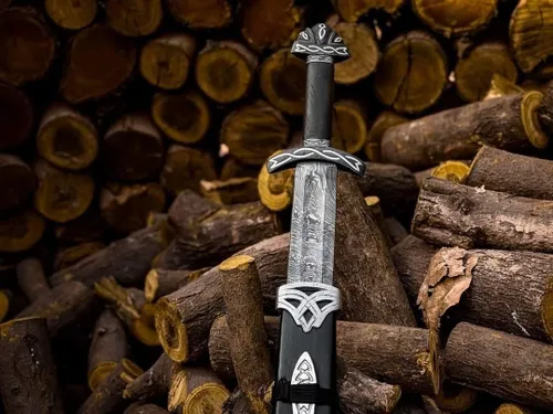 Vista 4 de Espada de acero de Damasco hecha a mano, estilo vikingo, hoja de espiga completa con mango de madera y vaina, réplica medieval coleccionable, regalo