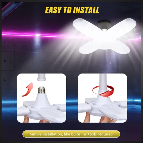 Vista 4 de Paquete de 4 luces LED de garaje, luz LED de 80 W con 4 + 1 paneles multiposición, lámpara de techo deformable E26/E27, 6500 K 8000 lm para tienda