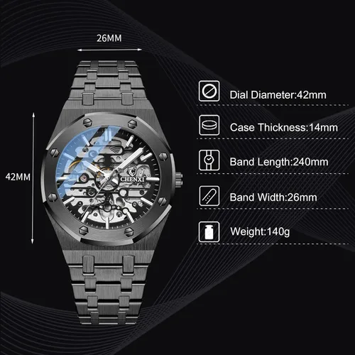 Vista 6 de RORIOS Reloj de negocios para hombre, reloj mecánico automático, reloj luminoso con correa de acero inoxidable, reloj de pulsera de cuerda automática