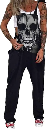 Vista 56 de PAODIKUAI Overol casual con estampado de calavera para mujer, overol suelto con bolsillos
