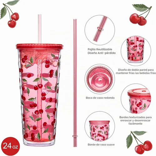 Vista 2 de bzyoo Vaso de plástico de 24 onzas, tapa y popote, café helado, color rojo Cherry Splash
