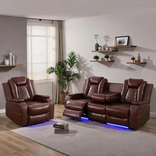 Vista 11 de Juego de sofá reclinable eléctrico para sala de estar, juego de sofá reclinable de cuero con luz LED, soporte para tazas, almacenamiento de consola