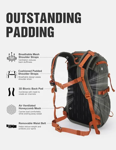 Vista 5 de MOUNTAINTOP Mochila de senderismo de 20L, mochila ligera para exteriores 20l-caqui verde