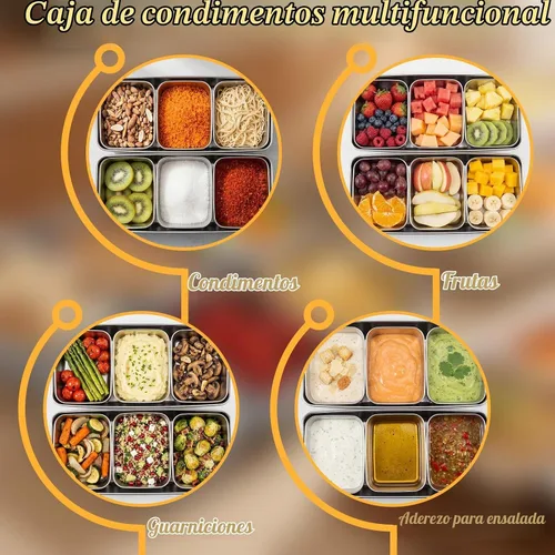 Vista 5 de Yakumi Pan & Masala Dabba, caja de condimentos de acero inoxidable 304 con 3 compartimentos, contenedor de condimentos con tapa y cucharas
