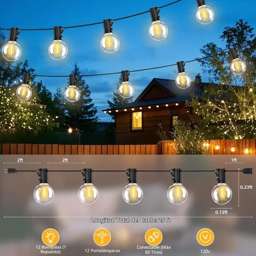 Vista 2 de Luces de cadena LED G40 para exteriores de 25 pies con 12+1 bombillas, enchufe E12, blanco cálido de 2700K, grado comercial, resistente a