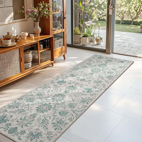 Vista 159 de jinchan Lima - Alfombra simétrica floral geométrica lavable, alfombra de entrada de medio círculo de 2 x 3, alfombra de media luna, suave y Azul