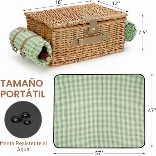Vista 3 de Cesta de picnic para 2, cestas de picnic aisladas de sauce con correa para el hombro, canasta de picnic con manta de picnic impermeable, cesta