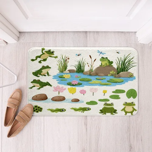 Vista 2 de Tapetes de baño de rana de dibujos animados para niños, decoración kawaii floral botánica, alfombras de baño para niños y adolescentes, ultra