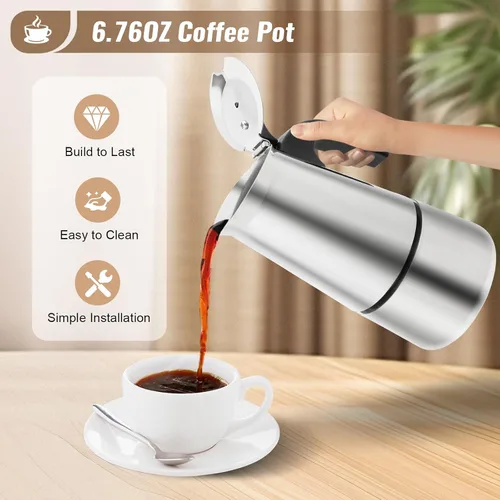 Vista 5 de Cafetera de café para estufa, cafetera de acero inoxidable Moka Pot Mocha Greca, máquina multifuncional para el hogar y campamento (4 tazas)