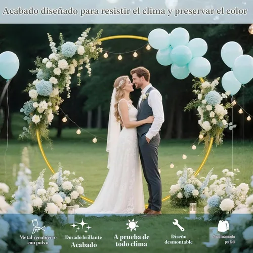 Vista 4 de Soporte de arco de globos redondo de metal de 6.6 pies, kit de soporte de arco de globos circular con base, marco de arcos de boda dorados de metal
