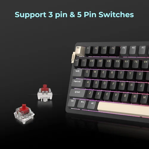 Vista 3 de Rosewill Neon S75 - Teclado mecánico inalámbrico para juegos, diseño de 80 teclas con perilla de volumen, Bluetooth / 2.4 GHz / USB-C, interruptores