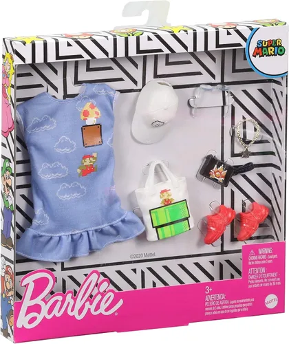 Vista 2 de Barbie - Conjunto de ropa a la moda para muñecas inspirada en Super Mario para contar historias: Vestido con estampado gráfico y 6 accesorios