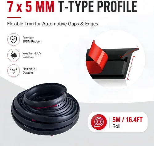 Vista 4 de Burlete universal para automóvil de 16.5 pies, borde de goma en forma de T (0.197 x 0.276 in), tira de sellado automotriz autoadhesiva