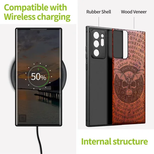 Vista 5 de Carveit Funda de madera para Galaxy Note20 Ultra [madera real dura y TPU suave negro] funda protectora de madera única compatible con Samsung Note20