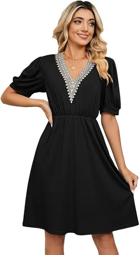 Vista 4 de Atxnn Vestido midi casual de verano para mujer, cuello en V, manga corta, suelto, acampanado, con bolsillos, ribete de encaje, vestido de patinadora