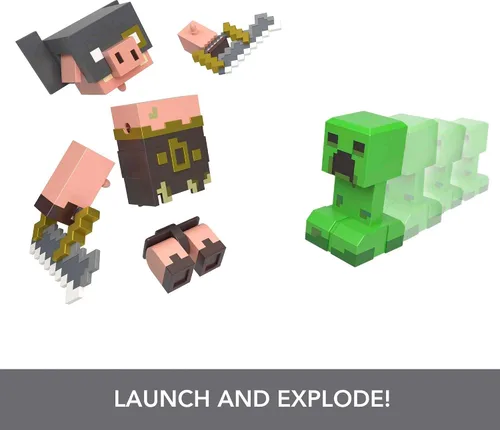 Vista 4 de Mattel Minecraft Legends - Figura de acción de 2 unidades, juego de Creeper vs Piglin Bruiser, juguetes coleccionables Attack & React, escala