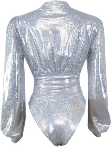 Vista 6 de Body para mujer conjunto de body sexy con estampado reflectante de manga larga sólido halter plateado L
