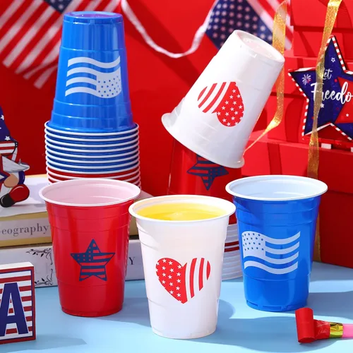 Vista 2 de Qinyoung 30 tazas de 4 de julio de 16 onzas, vasos patrióticos de plástico