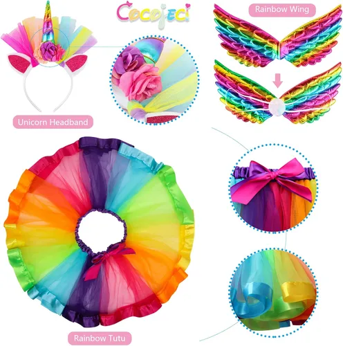 Vista 2 de Cocojeci 5 tutú de arcoíris en capas con ala de unicornio, diadema de sirena de unicornio, regalo para niñas