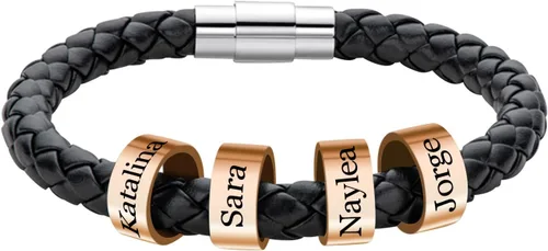 Vista 4 de Pulseras de cuero para hombre con 1-6 cuentas grabadas y nombre personalizado con nombre de identificación, pulsera trenzada para hombres, marido