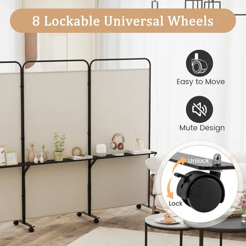 Vista 5 de GOFLAME Divisor de habitación de 3 paneles con estantes de almacenamiento, pantalla de privacidad plegable de 6 pies con ruedas bloqueables, divisor