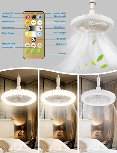 Vista 5 de CornerSmith Ventilador de techo cerrado con luz, ventiladores pequeños de enchufe sin aspas de 10 pulgadas con control remoto, luces LED regulables