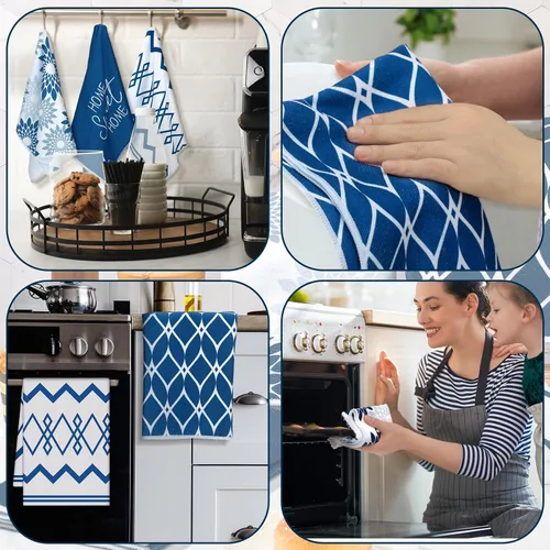 Vista 5 de Kajaia 4 paños de cocina azules florales paños de cocina geométricos, toallas de mano decorativas bohemias, paños de mano absorbentes a cuadros