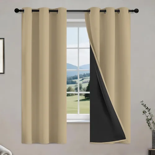 Vista 68 de COSVIYA Cortinas opacas 100% beige Biscotti para dormitorio, juego de 2 paneles de 63 pulgadas de largo, bloqueo de luz completa, aislamiento