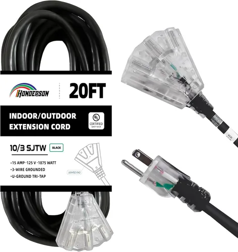 Vista 9 de Cable de extensión GFCI iluminado de 3 pies con 3 tomas de corriente, cable de extensión negro resistente SJTW 12/3 con enchufe a tierra de 3