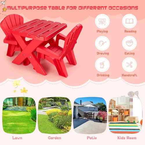 Vista 5 de COSTWAY Juego de mesa y silla para exteriores para niños, mesa de juego para niños con 2 sillas Adirondack, 3 muebles de patio trasero para niños
