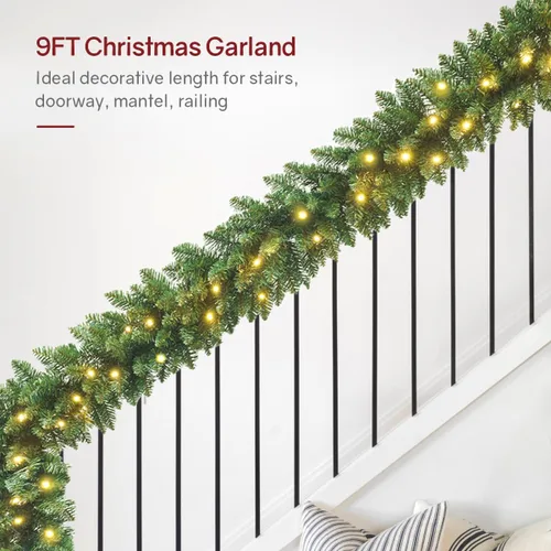 Vista 7 de Somikis - Pack de 2 guirnaldas de Navidad preiluminadas de 2.7 m con 50 luces LED artificiales y diseño clásico de pino verde para repisa