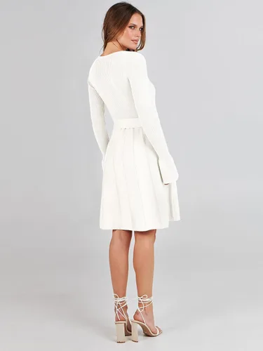 Vista 5 de ANRABESS Vestido tipo suéter de manga larga con cuello en V y lazo en la cintura, plisado, acampanado, elegante, de punto acanalado, vestido midi
