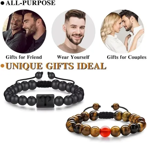 Vista 6 de Pulseras del zodiaco para hombres y mujeres, hechas a mano, ojo de tigre natural de 0.315in y piedra de ágata mate para hombre, pulseras