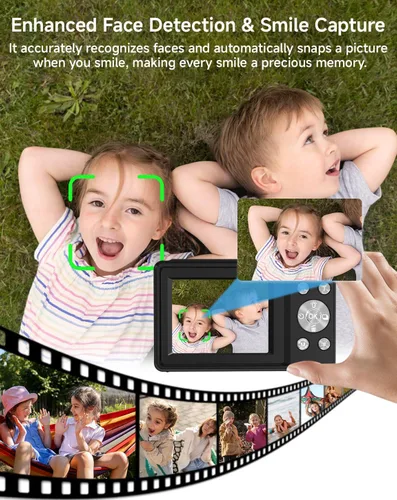 Vista 3 de Cámara digital para niños, FHD 1080P 44MP Cámara digital de punto y disparo con detección de rostros, captura de sonrisas, zoom 18X, 20 filtros